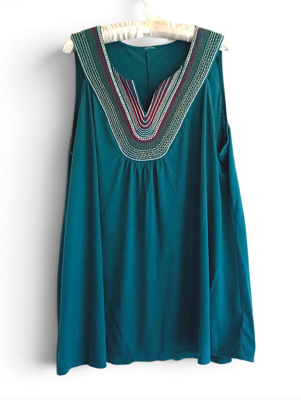 Antique Teal Embroidered Yoke Top Boho Western Soft Flowy Sleeveless Plus 2x